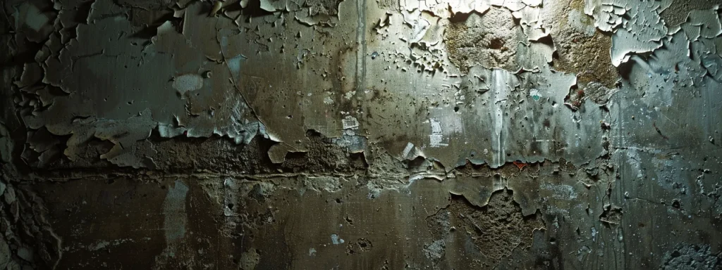 a close-up shot of a damp basement wall with visible water stains and peeling paint, illuminated by harsh fluorescent lighting, highlighting the urgent need for waterproofing maintenance.