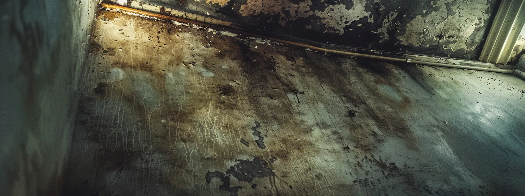 a dimly lit, interior corner of a home reveals distinct water stains on the ceiling and walls, accompanied by a subtle hint of mold growth on a damp floor, highlighting the urgent need for inspection and repair to prevent further damage.