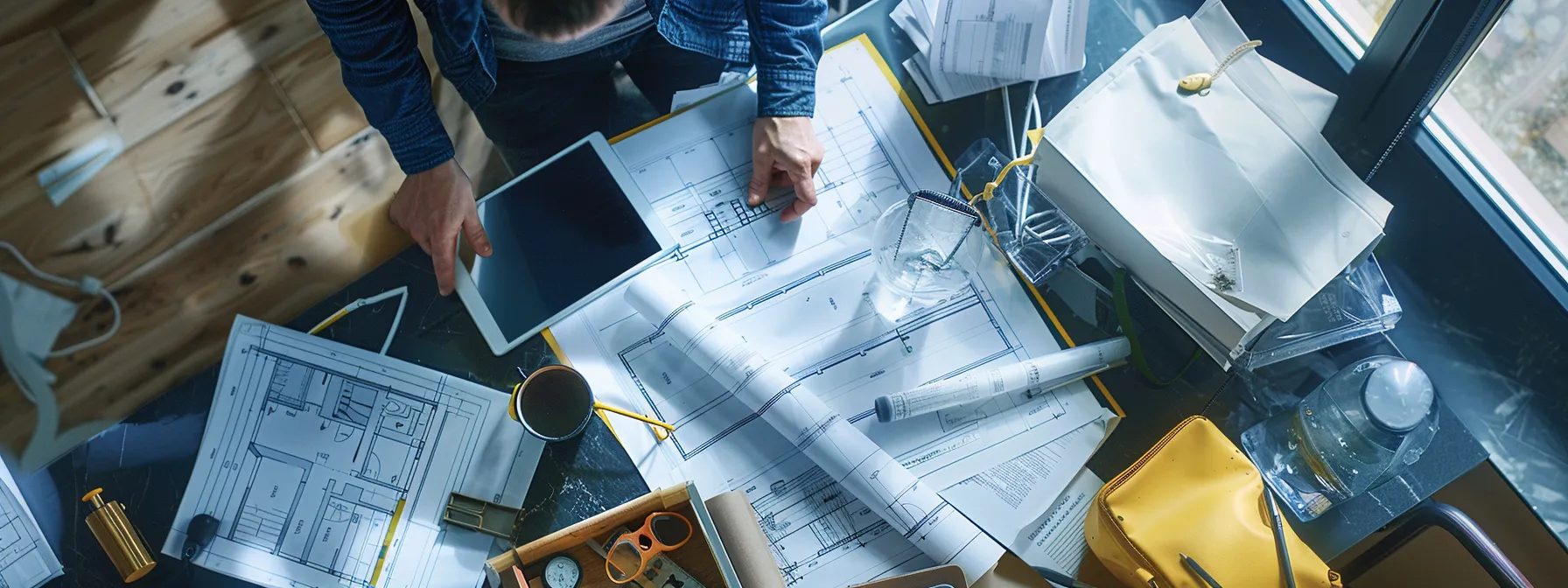 a focused office scene captures a homeowner urgently documenting water damage on a digital device, with blueprints and waterproofing supplies arranged nearby, emphasizing the importance of immediate maintenance action.