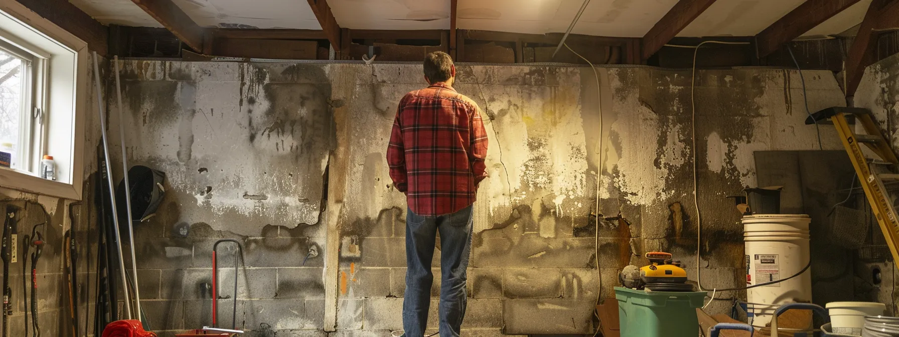 a focused, well-lit interior shot of a homeowner inspecting the basement walls for signs of past waterproofing failures, highlighted by patches and moisture indicators, set against a backdrop of tools and materials for evaluation.