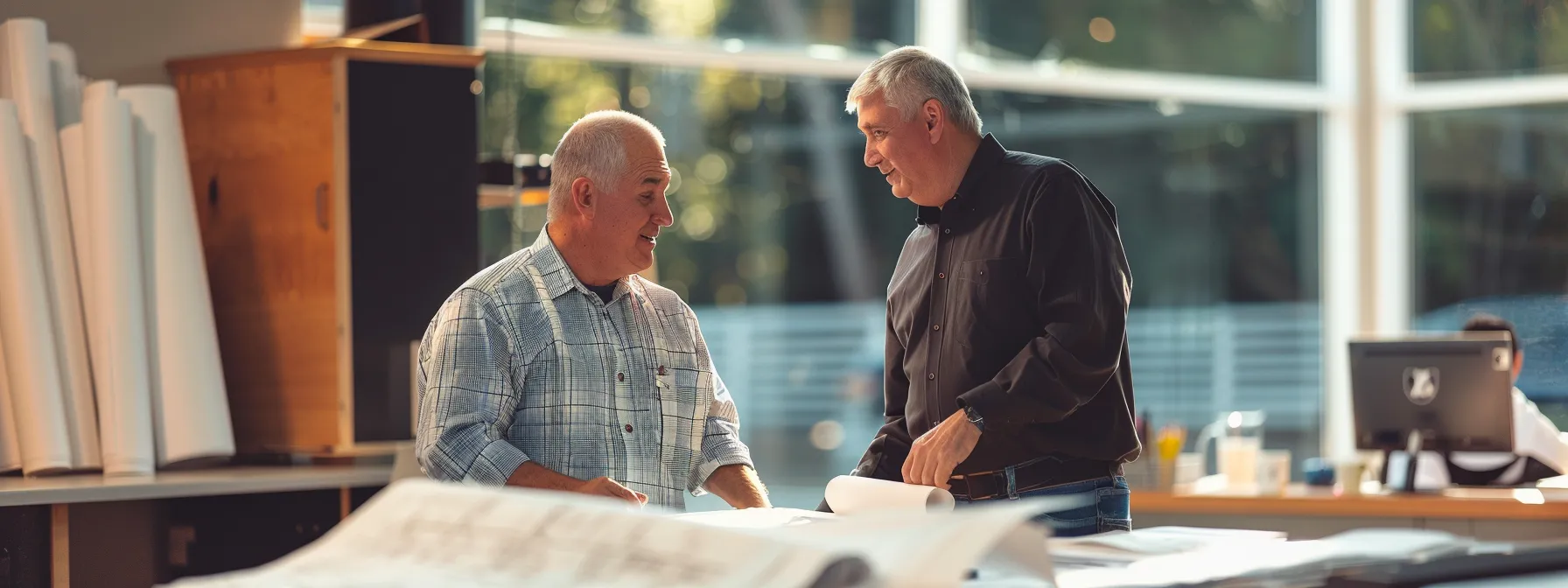 a polished office environment features a confident homeowner discussing waterproofing solutions with a knowledgeable contractor, surrounded by blueprints and dehumidifiers, highlighting the importance of professional assistance for resolving structural issues.