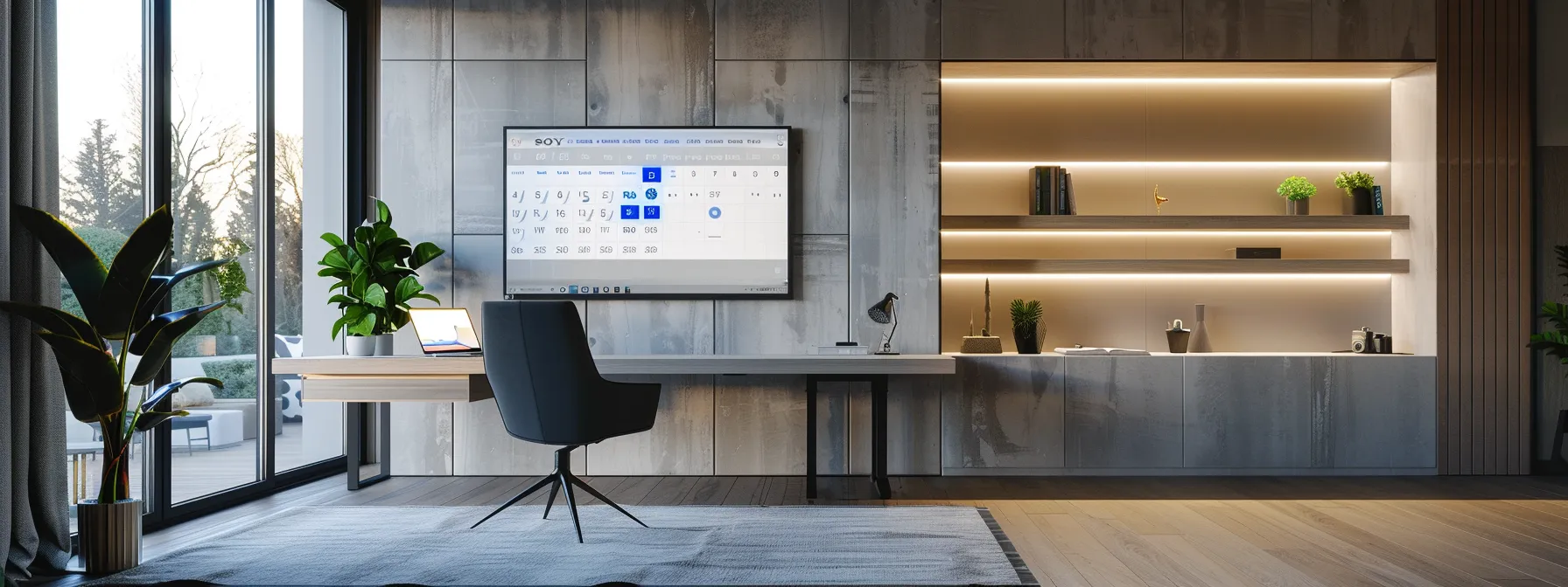 a sleek, modern home office with a digital display showing real-time humidity levels and a nearby calendar highlighting scheduled waterproofing inspections, reflecting a proactive approach to home maintenance.