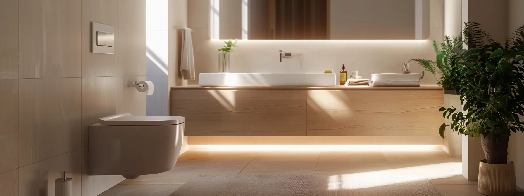 a well-lit, modern bathroom with sleek fixtures and a visible waterproofing checklist on a clipboard highlights the importance of regular maintenance, emphasizing prevention and safety in a clean, organized space.