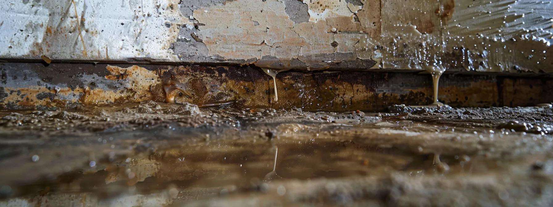 a close-up view of a residential foundation showing visible water stains and darkened patches, illuminated by harsh indoor lighting to emphasize the dangers of water intrusion and the need for immediate attention.