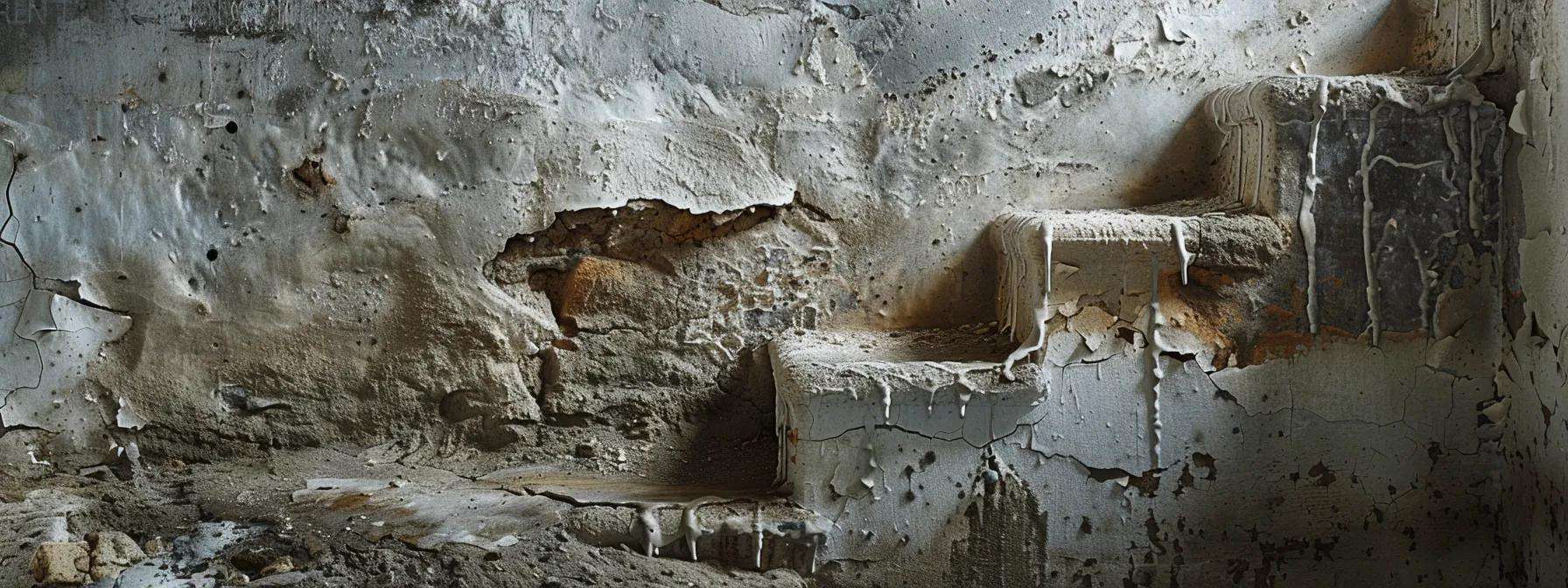 a detailed view of a dimly lit basement showcasing visible foundation cracks and water stains on the walls, highlighting the urgent need for moisture assessment and repair in an aging home.