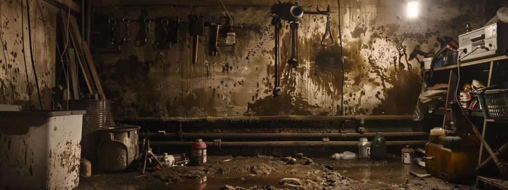 a dimly lit basement reveals stark contrasts between water stains and peeling paint, emphasizing the distinct signs of a leak on the concrete walls, surrounded by tools and moisture detection equipment laid out on a cluttered workbench.