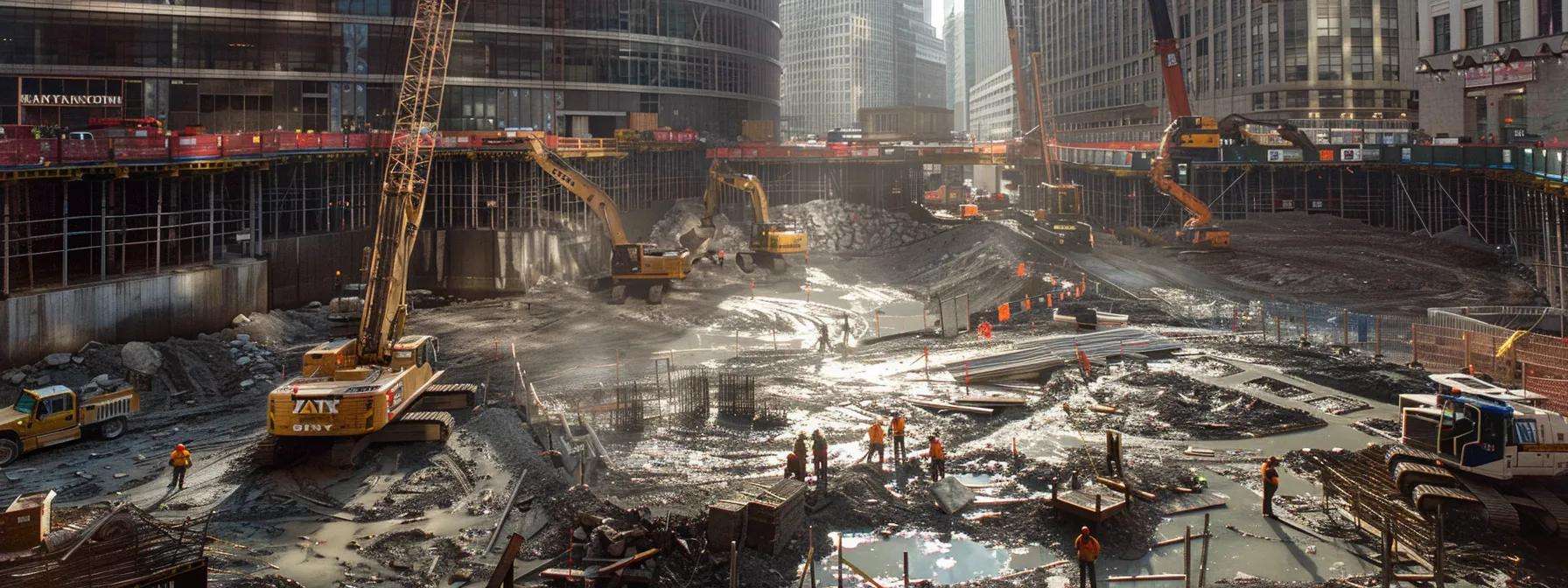 a dramatic urban scene captures a construction site where workers assess a damaged foundation, surrounded by towering cranes and bustling machinery, emphasizing the urgent financial implications of severe water intrusion and the necessity for preventive maintenance.