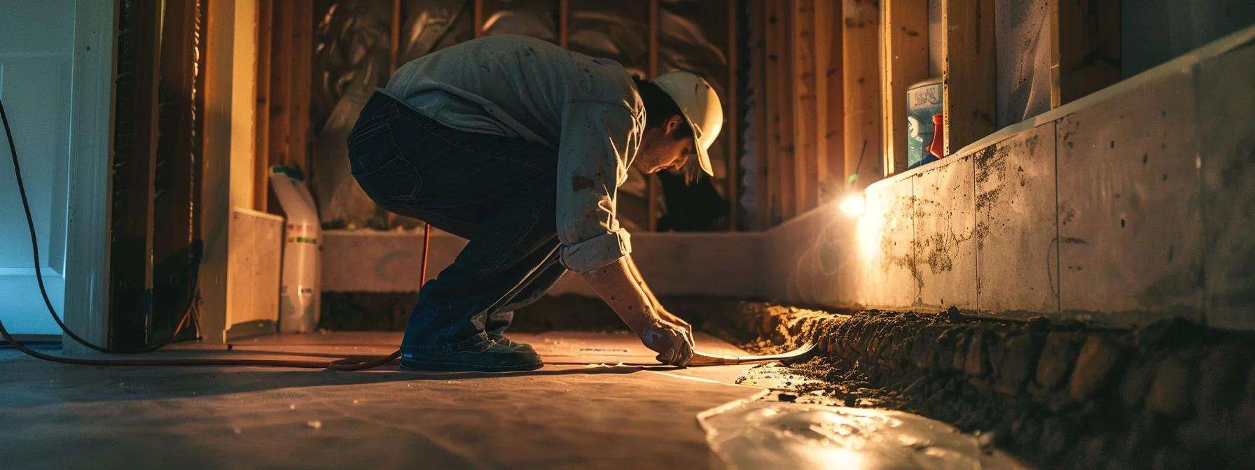 a focused interior scene of a homeowner meticulously applying a sealant to a prominent foundation crack within a well-lit, organized basement environment, highlighting the importance of diy techniques in home repair.