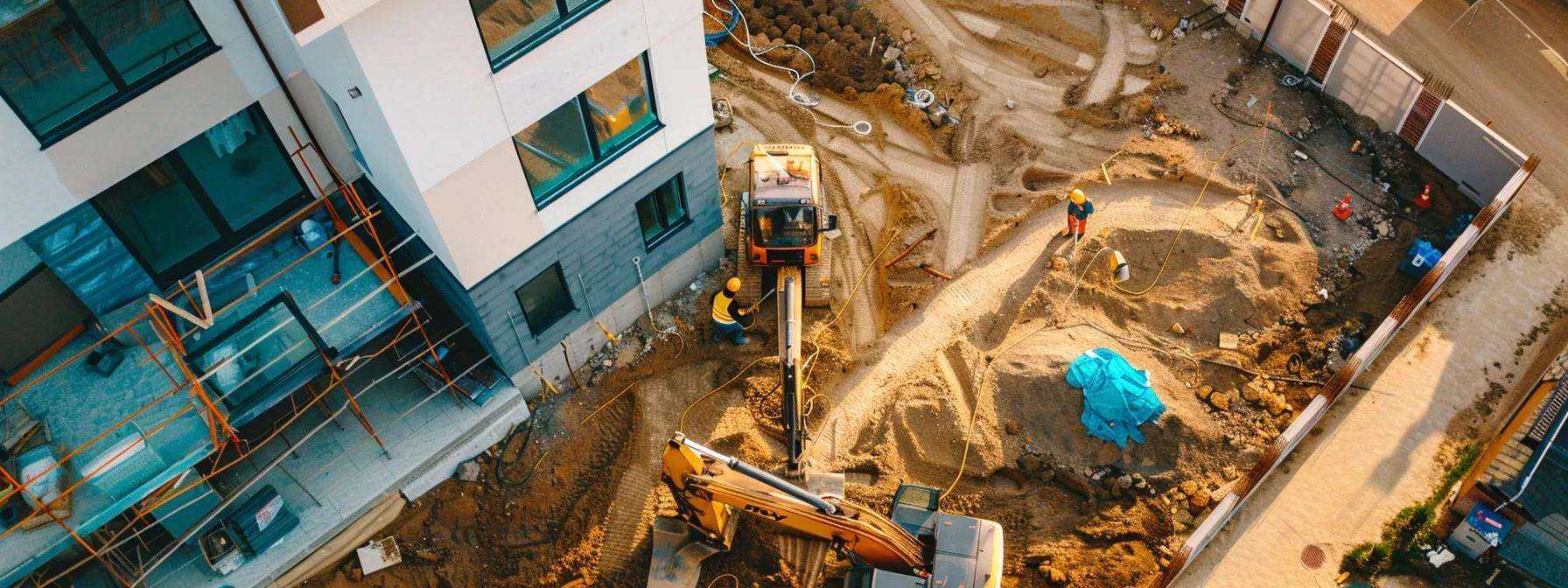 a focused view of a construction site featuring workers expertly installing a french drain system alongside a modern home, highlighting the precision of the drainage components and the importance of proper water management in an urban setting.