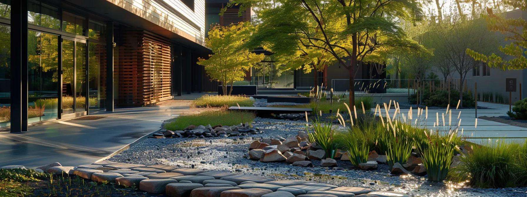 a meticulously designed urban landscape showcases strategically graded soil and elegant barriers, seamlessly directing rainfall away from a modern home's foundation to illustrate effective leak prevention measures.