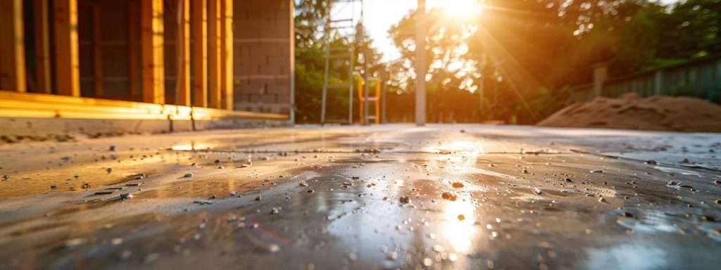 a modern home under construction is showcased with a focus on a sleek, newly applied waterproof concrete foundation glowing under bright fluorescent lights, emphasizing the importance of foundation protection for homeowners.