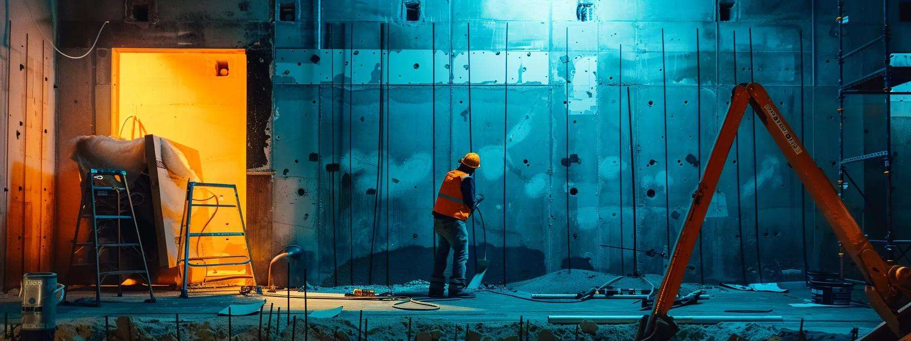 a professional-grade indoor construction site showcases a skilled technician applying innovative waterproofing materials to a concrete foundation wall, illuminated by bright artificial lighting that highlights the intricate details of the preparation process.
