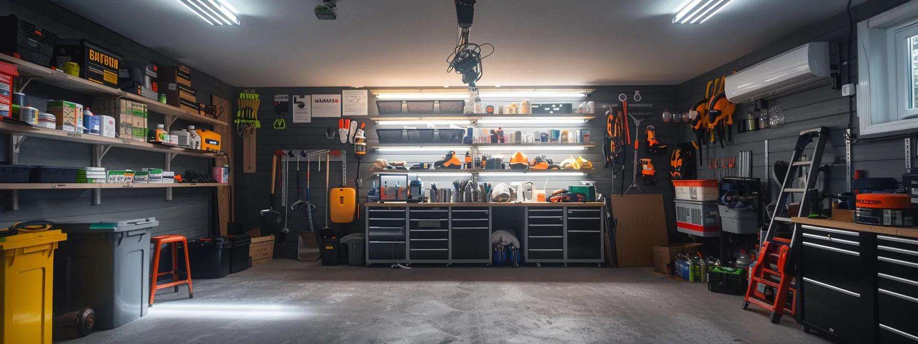 a well-organized home garage is filled with essential diy foundation repair tools, including sealants and safety gear, surrounded by clear signage indicating preparation steps for effective maintenance.