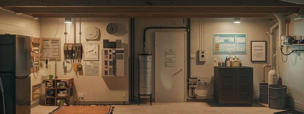 a well-lit home basement showcases a detailed view of innovative leak prevention tools and techniques, emphasizing a professional atmosphere with organized materials and instructional diagrams prominently displayed on the walls.