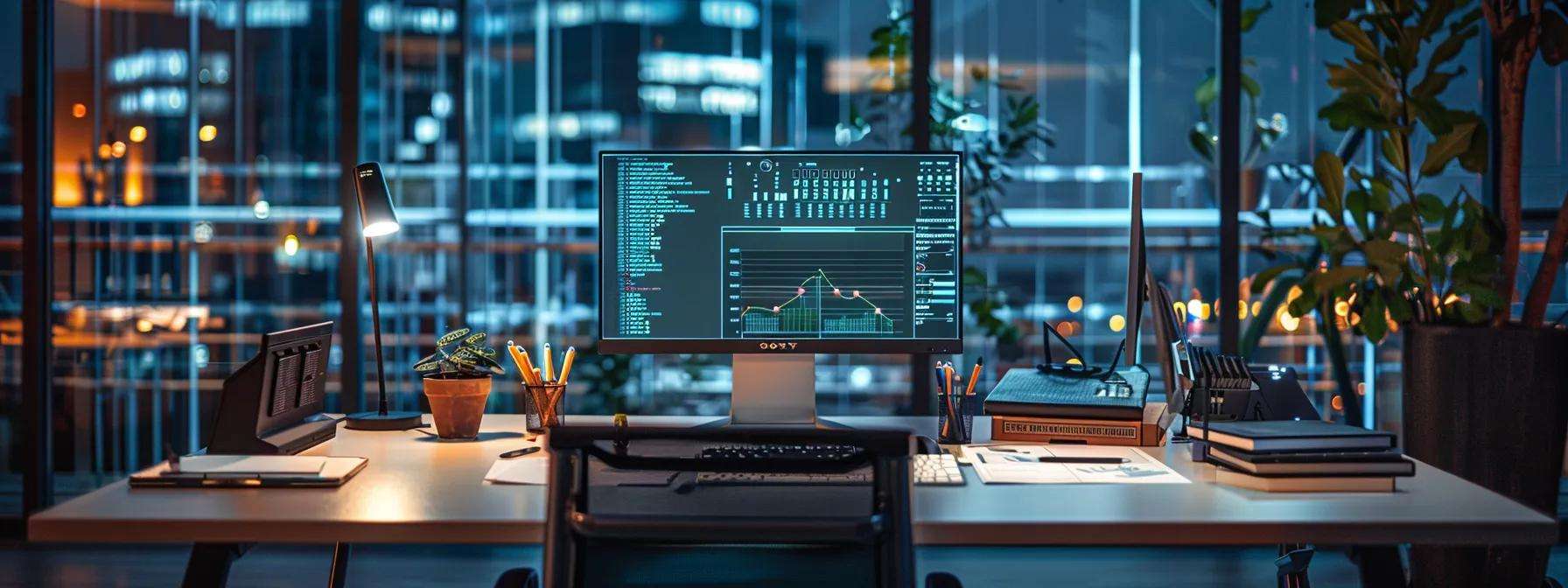 a well-lit, modern office space features a sleek desk with a detailed inspection report and high-tech tools arranged neatly, highlighting the importance of routine maintenance checks in waterproofing solutions.