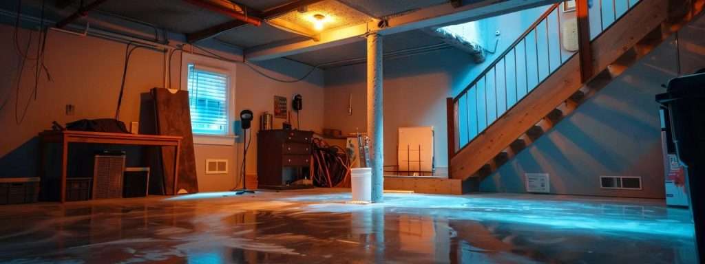a well-lit, modern basement equipped with advanced moisture detection tools like a moisture meter and infrared camera, showcasing clear signs of condensation on surfaces and a vigilant homeowner inspecting for early signs of water intrusion, emphasizing the importance of proactive moisture management.