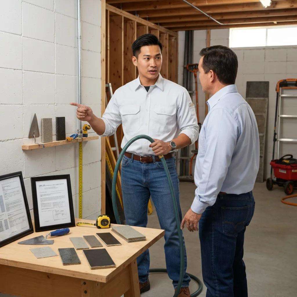 Contractor explaining basement waterproofing costs to a homeowner in a professional setting