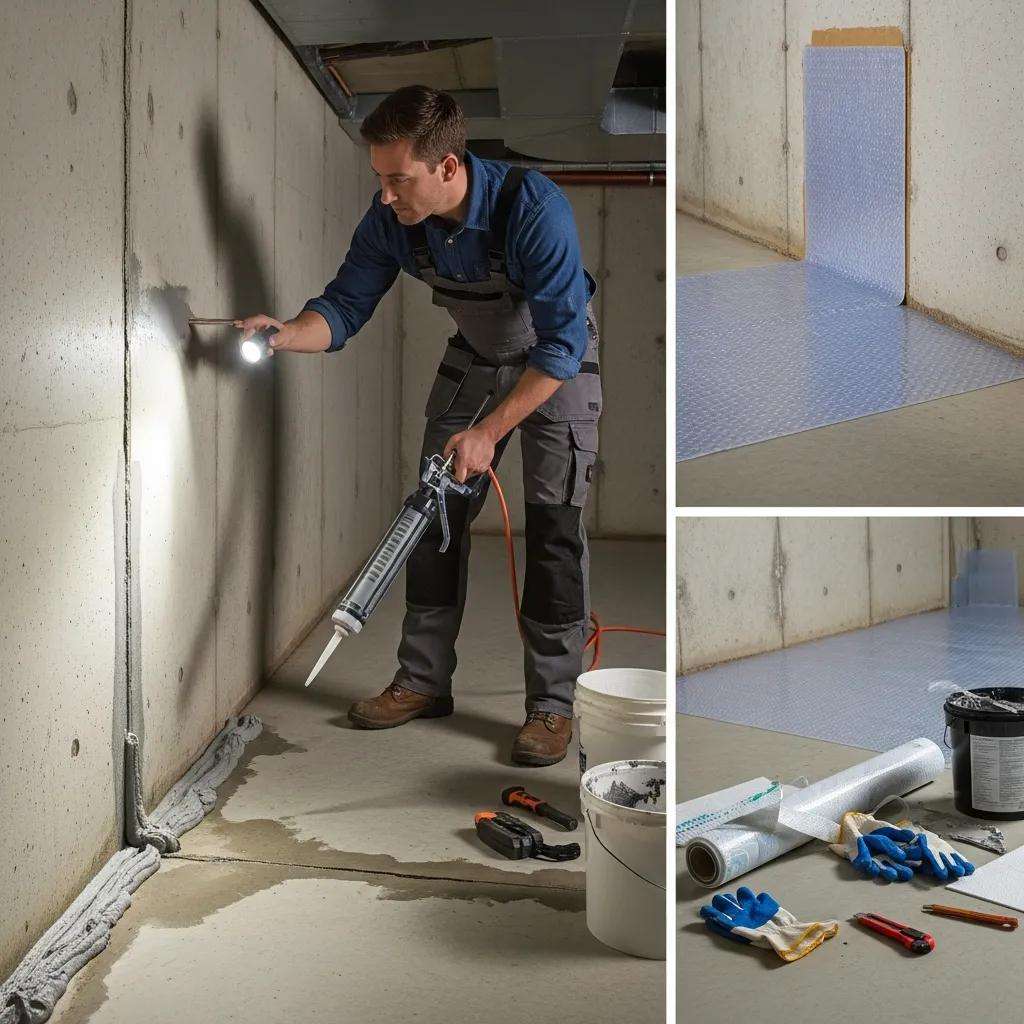 Homeowner applying interior waterproofing methods with sealants and moisture barriers