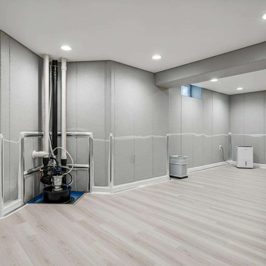 Modern basement with waterproofing solutions highlighting moisture control techniques