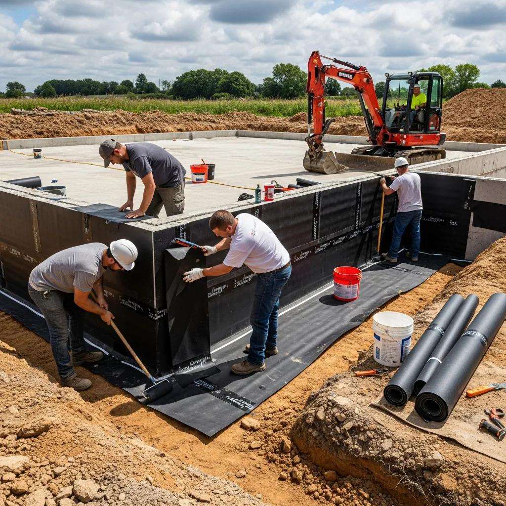 Workers installing exterior waterproofing membranes around a foundation for long-term protection